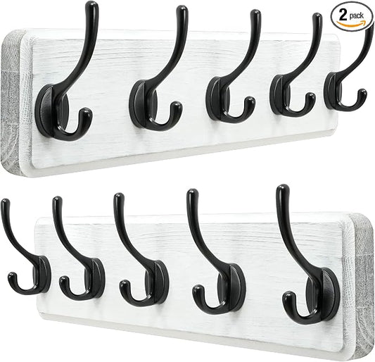 Coat Rack Wall: Patented, Heavy-Duty, 5-Double-Hooks Wooden Wall Mounted Coat Rack Coat Hanger Hook Rail for Winter Coats Hat Jacket Clothing, White & Black, Pack of 2