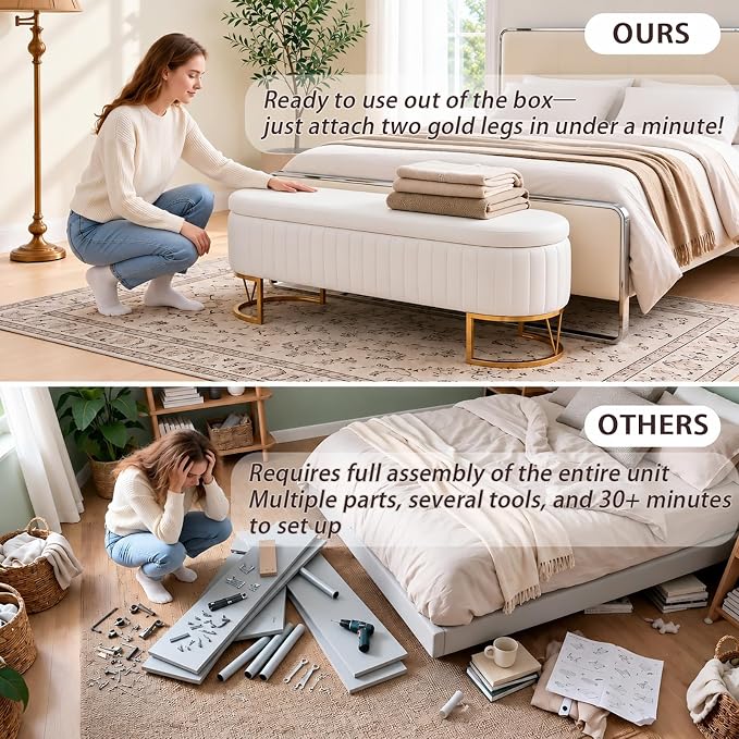 46" Storage Ottoman Bench, Velvet Oval End of Bed Bench Ivory | Easy 1-Min Assembly, High-Resilience Foam, Large Hidden Storage, Sturdy Gold Metal Legs