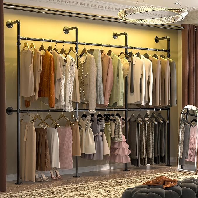 Aheaplus Industrial Pipe Clothing Rack, Reversible 9.85FT Clothes Rack for Hanging Clothes, Heavy Duty Garment Racks, Wall Mounted Closet Wardrobe Racks, Corner L Shaped Walk-in Closet System, Black