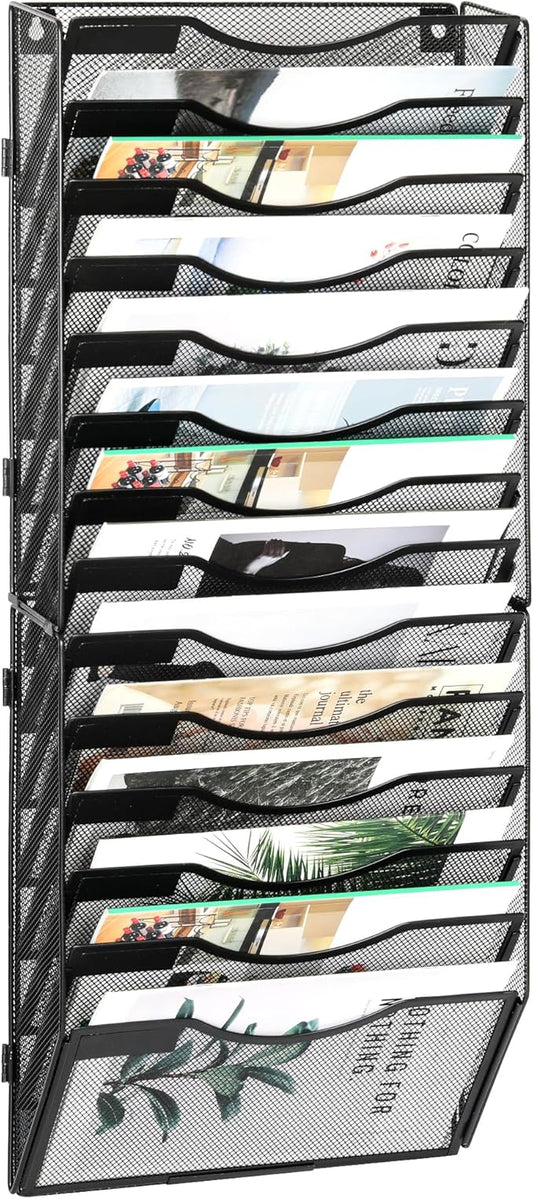 EasyPAG Wall File Organizer for Office 14 Pocket Mesh Wall Mounted Paper Organizer Hanging Folder Holder with Nametag Label for Home School, Black