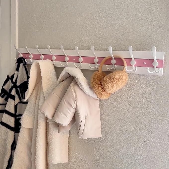 SKOLOO Coastal Coat Rack Wall Mount-38.12" Beach House Entryway Wooden Coat Hook with 10 Hooks for Hanging Coats, Hats or Towels, Oceanfront Cottage Core Collection, White & Palm Beach Pink, Pack of 2