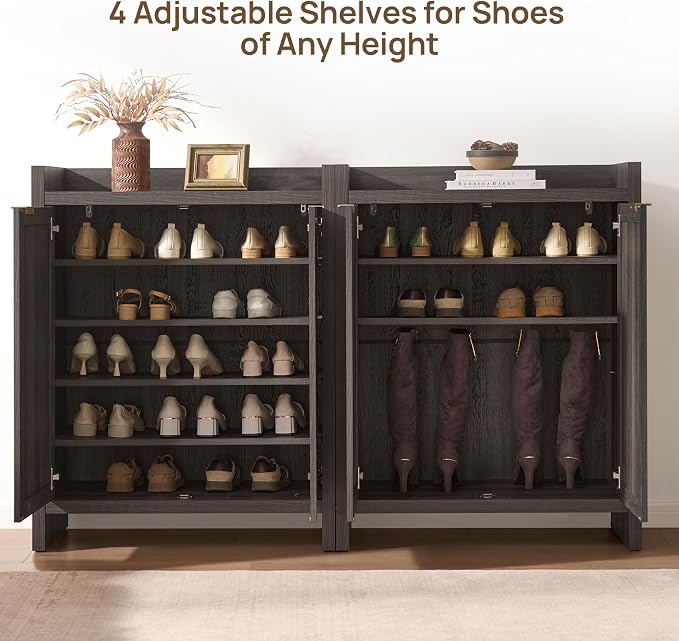 SICOTAS Shoe Storage Cabinet Set of 3, Large Capacity Rattan Shoe Cabinet | 6-Tier 41" Tall Shoe Cabinet for Entryway, Farmhouse Wooden Storage Cabinet for Living Room Hallway, Black Oak