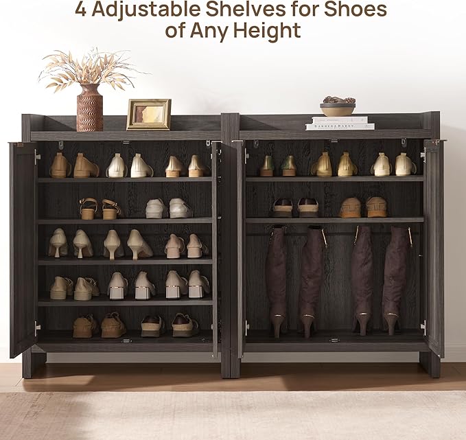 SICOTAS Shoe Cabinet Set of 2 Large Capacity Shoe Storage Organizer Cabinet | Tall Rattan Shoe Cabinet with Doors and Shelves, 6-Tier Farmhouse Boho Wooden Storage Cabinet for Entryway, Black Oak