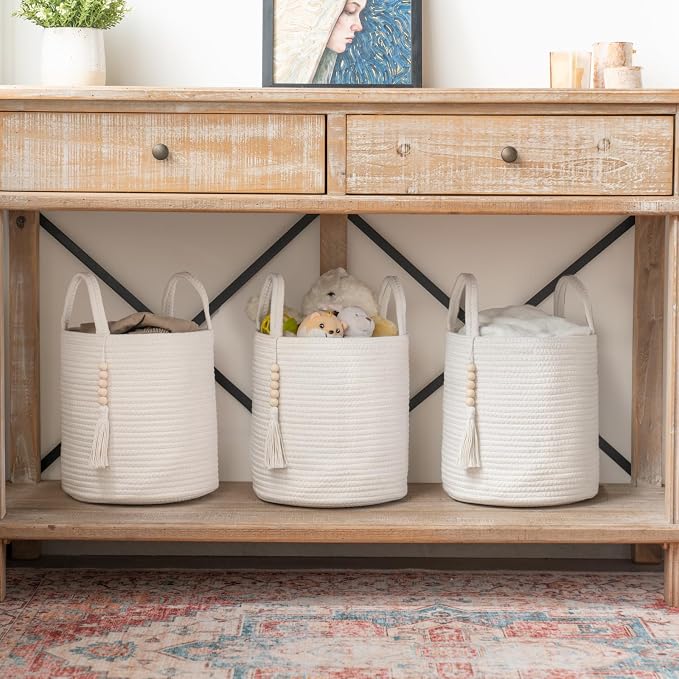 Mkono Woven Storage Basket with Handles Decorative Cotton Rope Basket Wooden Bead Decoration for Blankets,Toys,Clothes,Living Room Home Decor, 11", White | White, Cotton, Decorative Basket with Handle, Wood Beads Tassel, Shoes Towel Clothes Storage Bin...