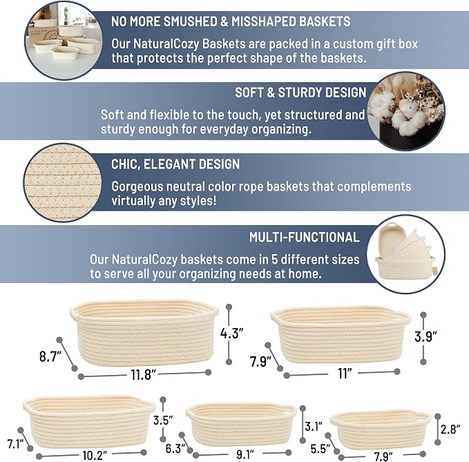NaturalCozy 5-Piece Rectangle Storage Basket Set- Natural Cotton Rope Woven Baskets for Organizing! Small Basket for Montessori, Baby Nursery, Dog Toy Baskets, Cat Toy Box, Bathroom Organization Bin