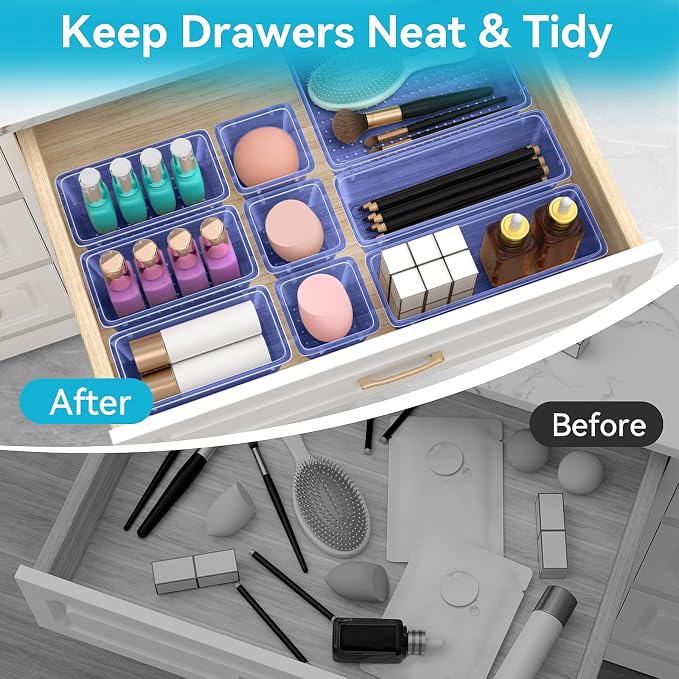 12 PCS Drawer Organizer Set, Makeup Organizer, Tool Storage Tray, Navy Blue | 4 Sizes, Plastic, Stackable, Multiple Gadgets, Desk Drawer Divider Organizers, for Makeup, Office Supplies Storage