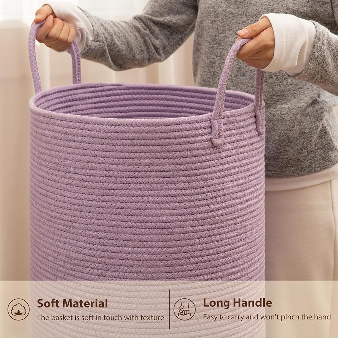 OIAHOMY Large Laundry Basket Hamper - 60L Cotton Rope Woven Basket for Blankets, Toys, Clothes - Tall Decorative Nursery Hamper with Long Handles, Purple
