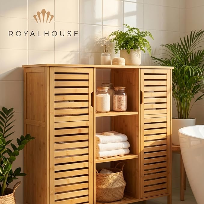 RoyalHouse Bamboo Floor Cabinet with 2 Shutter Doors and 3 Open Shelves, Freestanding Organizer for Bathroom, Kitchen, Living Room, Eco-Friendly and Durable, Brown