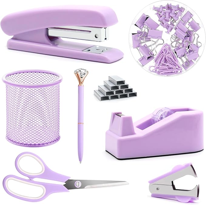 Purple Desk Accessories, Purple Office Supplies, Stapler, Staple Remover, Tape Holder, Pen Holder, Ballpoint Pen, Scissor, Binder Clips, Paper Clips and 1000pcs Staples.