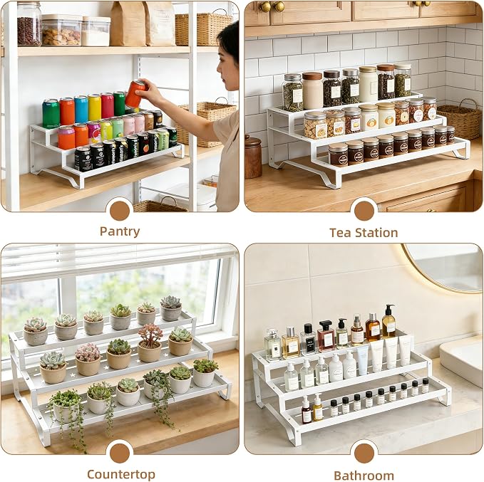 Expandable Spice Rack Organizer for Cabinet 3 Tier Spicy Shelf White 1Pack | Adjustable Length 13"-21", Easy to See Labels, Sturdy Metal, Slip-Resistant Guardrails for Jars, Cabinet & Countertop Storage