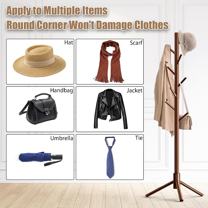 Aliphon Wooden Coat Rack Stand, Freestanding Coat Rack with 8 Hooks, 3 Adjustable Size Coat Tree for Hats, Coats, Scarves bags, Coat Hanger Stand Used in Bedroom/Office/Entryway （Brown）