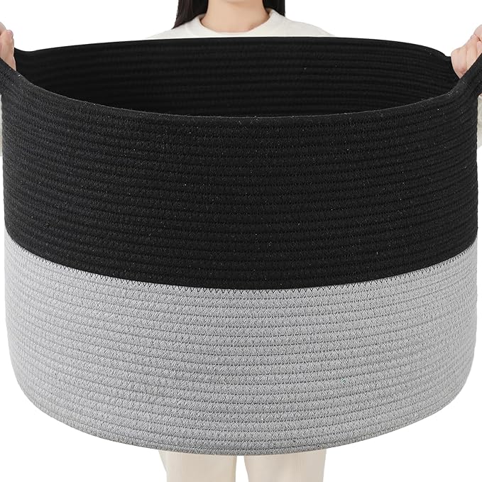 Foldable Laundry Hamper Basket with Collapsible Handle Cotton Rope Soft Woven Fabric Storage Organizer Clothes Toys Nursery Bedroom Dorm Space Saving Bin (Black & Grey, 80L(21.7"D x 13.8"H))