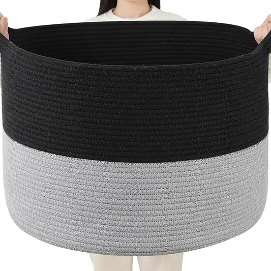 Foldable Laundry Hamper Basket with Collapsible Handle Cotton Rope Soft Woven Fabric Storage Organizer Clothes Toys Nursery Bedroom Dorm Space Saving Bin (Black & Grey, 80L(21.7"D x 13.8"H))