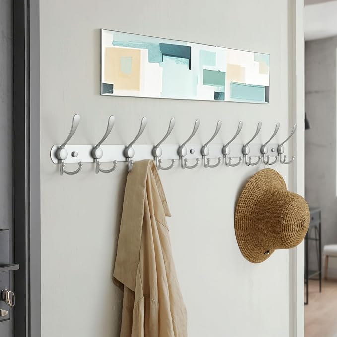 Dseap Coat Rack Wall Mount - 38” Long 10-Tri-Hooks Heavy Duty Coat Hanger Rail Wall Hooks for Hanging Coats Hats Clothing Clothes Purse Mudroom Entryway, Silver