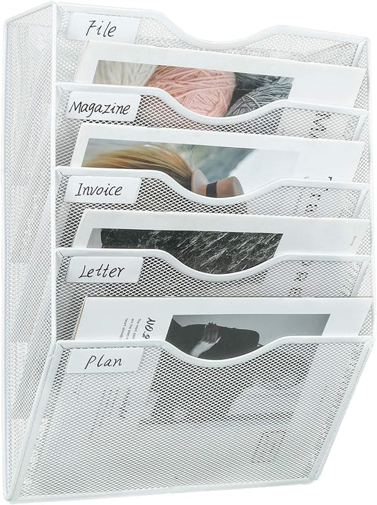 PAG Hanging Wall File Holder Mail Organizer Wall Mount Document Letter Rack, 5-Tier, White