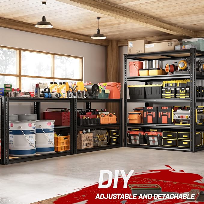 ROOMFAVE 5 Tier Storage Shelves, 2250LBS Heavy Duty Garage Shelving, Adjustable Metal Shelving Unit,Garage Storage Shelves for Pantry Basement Kitchen Warehouse,72" H x 35.56" W x 16" D Black