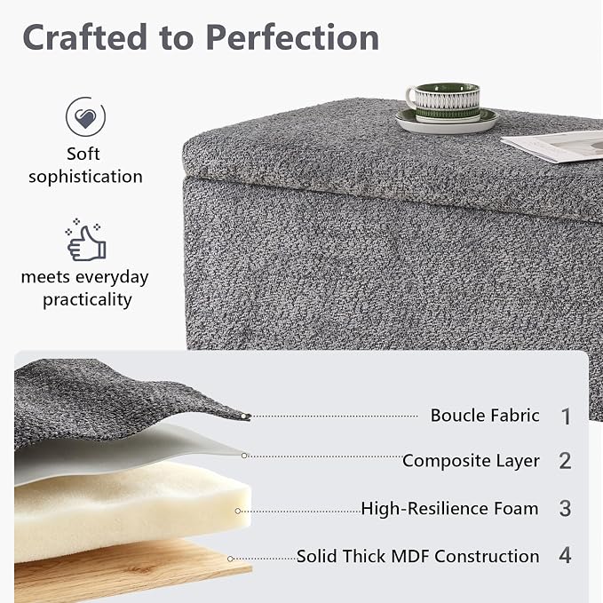 Boucle Storage Ottoman Bench, with Hidden Storage and Solid Wood Legs | Modern End of Bed Bench, Rectangle Footrest, Hidden Storage, Solid Wood Legs, Bedroom, Living Room and Entryway Use, Grey