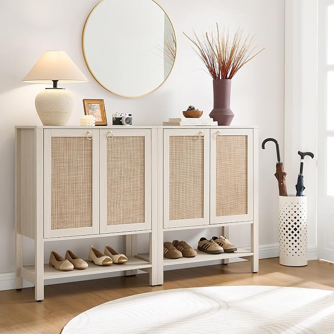 SICOTAS Shoe Storage Cabinet for Entryway, 5 Tier, 2 Pieces | Entry Shoe Organizer Cabinet with Shelves & Doors, Boho Shoe Rack for Hallway, Living Room, Closet (White Cream Oak)