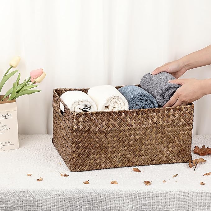 Hipiwe Seagrass Storage Baskets Bin for Shelf, X-Large Woven Wicker Basket | Rectangular Bathroom Baskets Organizer Built-in Handles, Multipurpose Storage Basket Bin, 16.1"L x11.8"W x7.7"H