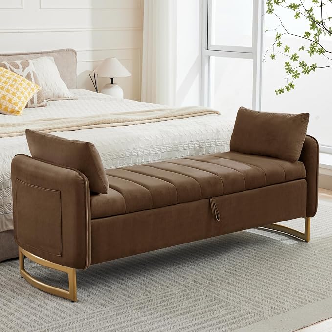 66'' King Size Storage Bench for Bedroom, Teddy Boucle End of Bed Benches for Foot of Bed, Storage Ottoman Bench with Golden Legs and Pockets for Living Room Window Entryway, Blrown