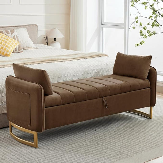 66'' King Size Storage Bench for Bedroom, Teddy Boucle End of Bed Benches for Foot of Bed, Storage Ottoman Bench with Golden Legs and Pockets for Living Room Window Entryway, Blrown