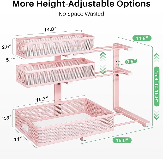 Kitstorack Under Sink Organizer, 1-Pack 3-Tier Height Adjustable Thickened Metal Pull out Cabinet Organizer Shelf, Slide out Storage Drawer Rack for Bathroom Kitchen Pantry Home Organization, Pink