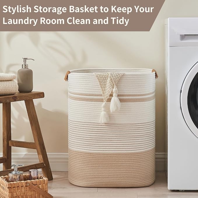 AINUOQI Laundry Basket with Handles - Blanket Basket & Hampers for Bedroom Aesthetic, Laundry Hamper & Blanket Storage for Living Room, Clothes Hamper, Tall, Large 17" x 14" x 22”, Off-white