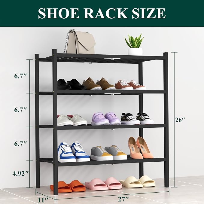 Smiry Bamboo Shoe Rack, 14 Vertical Slats, 4 Tier - 26.8" Wide, Black | Stackable Free Standing Wooden Shoe Organizer, Wood Shoe Storage Shelf for Closet, Entryway, Thicher Leg