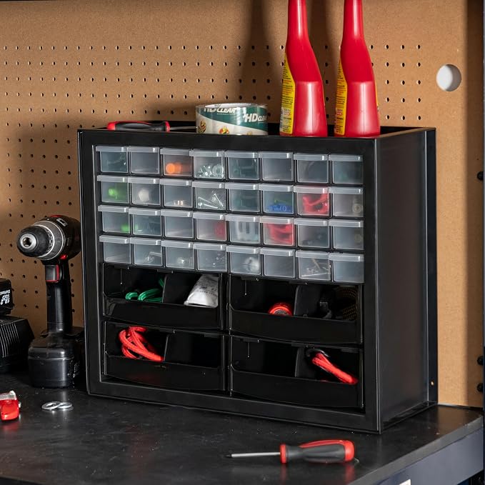 IRIS USA 32-Drawer Organizer with 4 Bins and Dividers, Garage Tool, Black | Wall mountable, Stackable, Hardware, Electronics, Teacher Toolbox, Small Parts, Nuts & Bolts, Screws