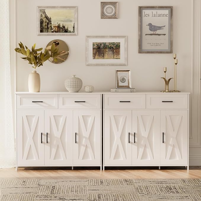 Homhedy Coffee Bar Storage Cabinet with Drawers, Kitchen Buffet Cabinet | Sideboard Cabinet with Doors, Farmhouse Buffet Cabinet, Adjustable Shelves, for Kitchen / Dining / Living Room, White