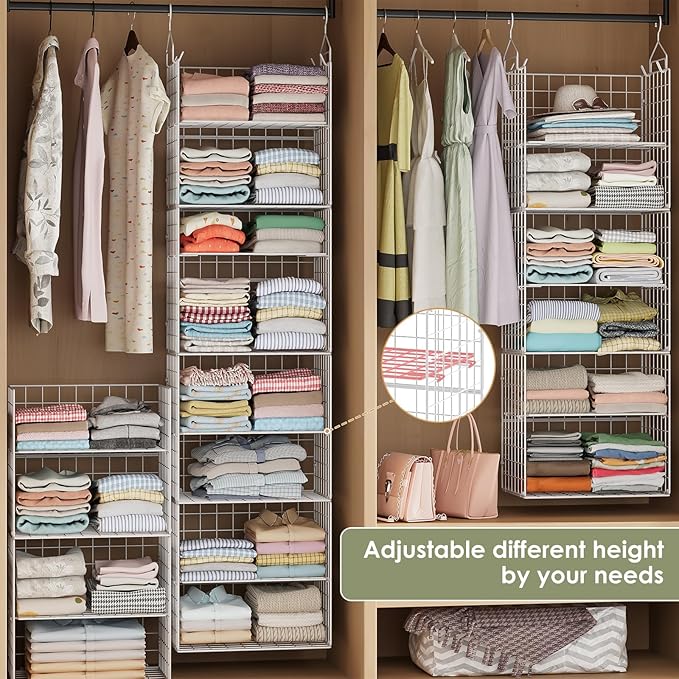 X-cosrack 8-Tier Closet Hanging Organizer Shelf - Hanging Clothes Organizer Shelves, Metal & Foldable Hanging Closet Organizer Baskets with Adjustable Dividers for Clothing Sweaters Shoes Handbags