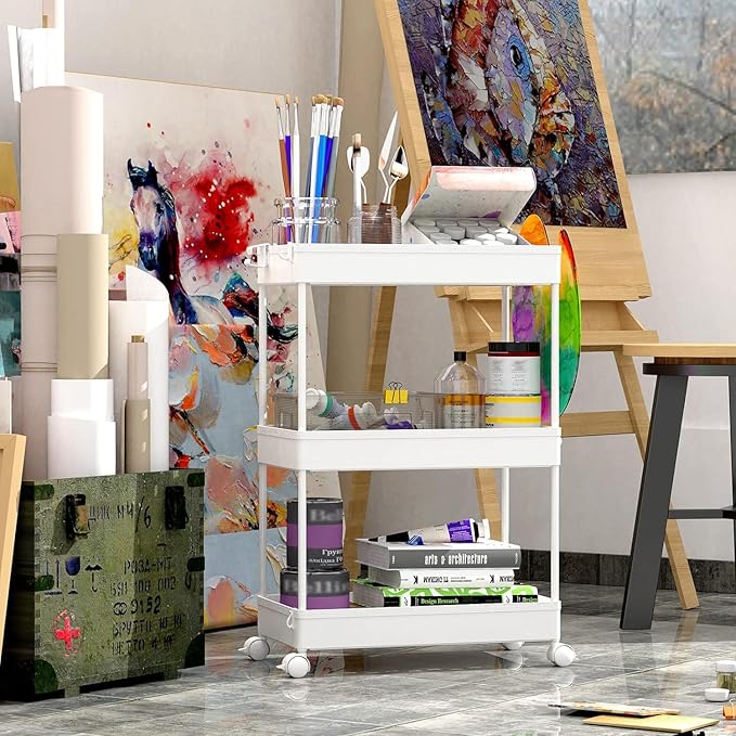 SPACEKEEPER 3 Tier Rolling Cart, Bathroom Cart Organizer with Wheels, White | Mobile Storage Cart for Laundry Room Organization,Kitchen,Office,Bathroom, Utility Cart for Snack,Craft,Art,Makeup,Nail,Toys
