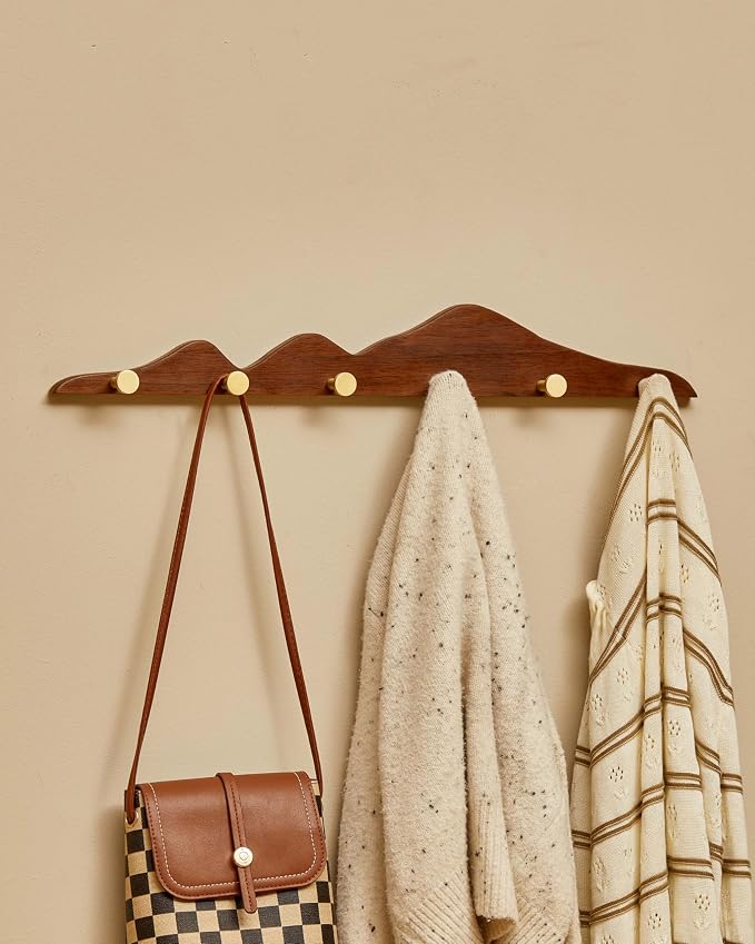 Wood Coat Hooks Wall Mount - Wooden Coat Rack with 6 Gold Brass Hooks for Entryway Bathroom Bedroom, Modern Decorative Wall Hooks Heavy Duty Organizer for Hanging Clothes Hats Bags Robes Towels Purse