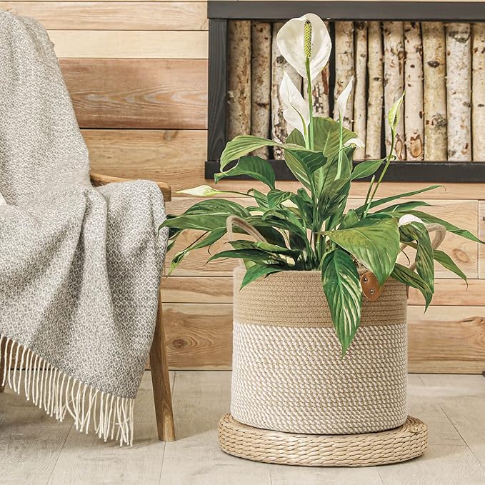 CHICVITA Wicker Storage Basket with Leather Handles, 14" x 12", White | Decorative Woven Basket for Toys, Shoes, Blankets & Laundry Storage, Living Room & Bedroom Organizer, Indoor Plant Basket
