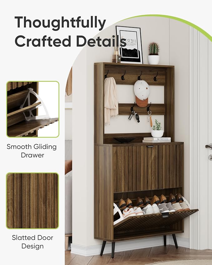 Smart FENDEE Tall Shoe Cabinet with Coat Rack,Fluted Shoe Cabinet Storage for Entryway, Walnut Hidden Shoe Cabinet with Metal Legs,Shoe Organizer Cabinet, Slim Entryway Shoe Storage Cabinet （31.5in）