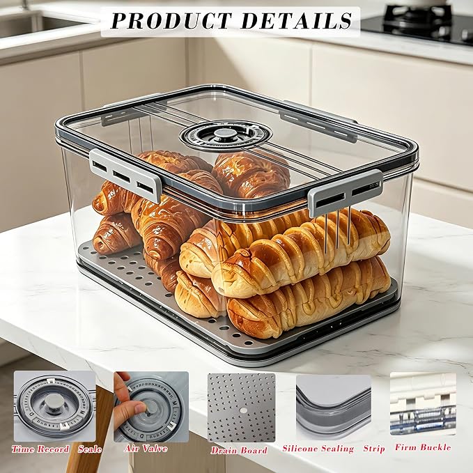 Bread Box Bread Boxes with Lid for Kitchen Counter, Airtight Loaf Bread Storage Container,Large Time Recording Bread Keeper for Homemade Bread, Toast, Bagel, Donut and Cookies ,Not dishwasher safe