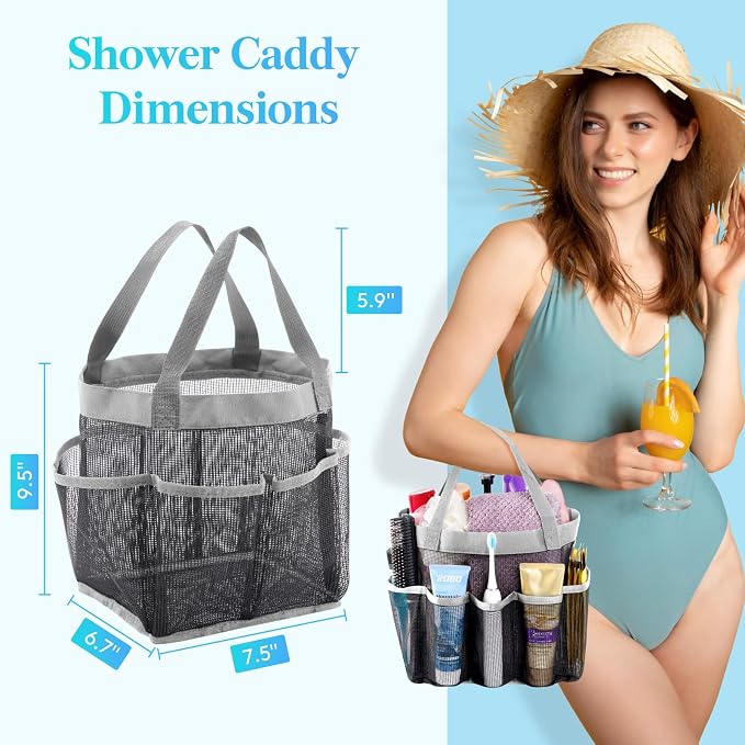 Lifewit Mesh Shower Caddy Portable for College Dorm Room Essentials with 7 Pockets, Freestanding Hanging Organizer Basket, Quick Dry Tote Bag for Camping, Bathroom, Beach, Travel, 1 Pack, Grey