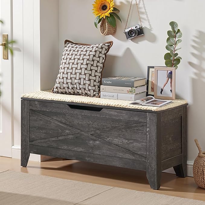 VECELO 43.3" Storage Chest with Lift Top Storage, Farmhouse Style Ottoman with Handwoven Wicker Cushion, Safety Hinges, Ideal for Entryway, Bedroom, Living Room, Coal Gray