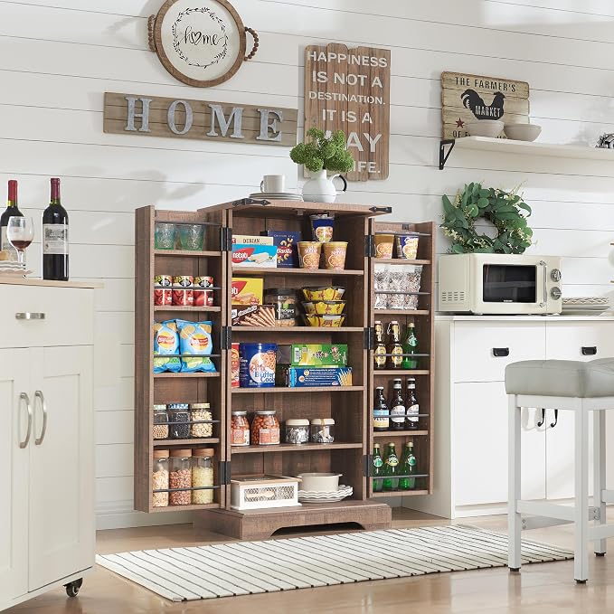 47" Tall Wooden Pantry Storage Cabinet with Door Shelves | Farmhouse, Barn Doors, Adjustable Shelves, Freestanding, Anti-tip Kit, for Kitchen, Dining Room, Living Room