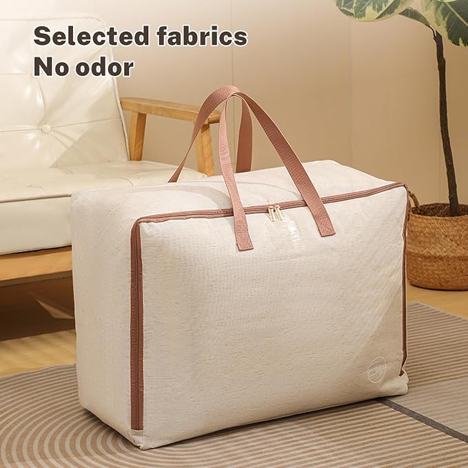 82L Storage Bag for Clothes, Comforters, Blankets, Bedding, Pillows, Stuffed Toys, Jackets with Sturdy Handles, Clear Label Tag, Zippered, for use at Home, Travel or Move, 24x17x12 (Beige, Large)