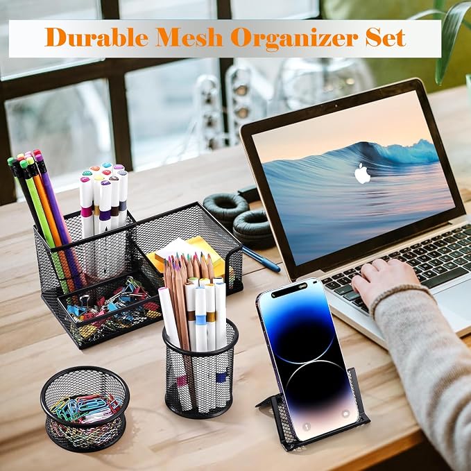 Moonlik Desk Organizers and Accessories Set, Mesh Pen Holder,Office School Home Desktop Supplies for Clip Phone Sticky Notes,Mail, Caddy Storage Baskets(Black,5 Piece Set)