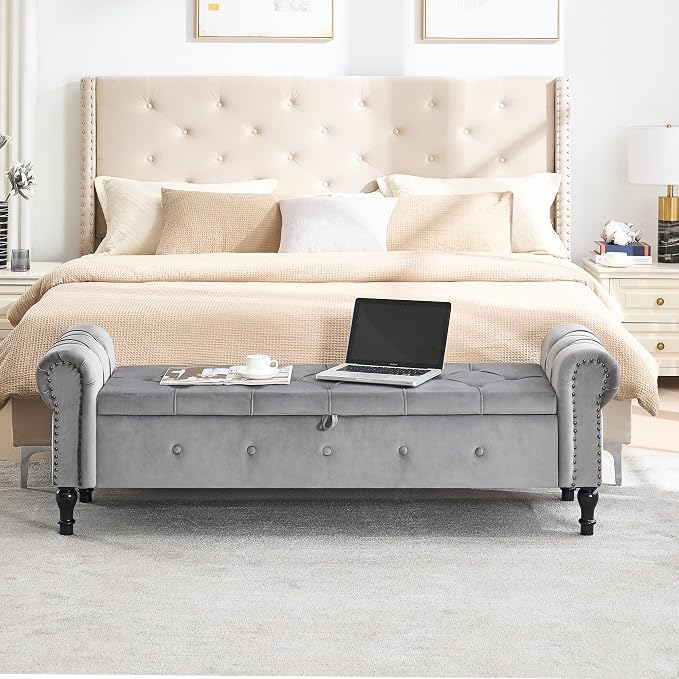 Storage Bench 67" Velvet End of Bed Benches Light Grey | King Size Storage Bench for Bedroom with Rolled Arms Tufted Ottoman Benches Upholstered Bench for Living Room Entryway