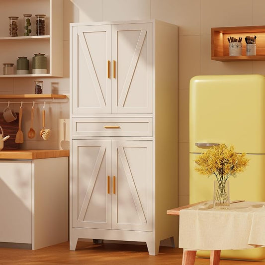 71“H Metal Kitchen Pantry Cabinet with Drawers,White Kitchen Pantry Cabinets,Tall Food Storage Cabinets,Free Standing Pantry Cabinet with 4 Doors,Farmhouse Pantry Cabinets
