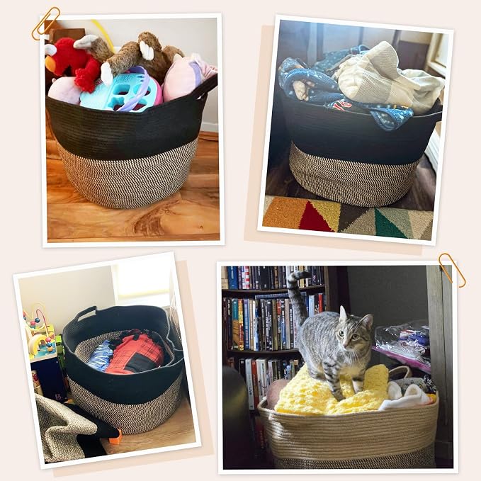 INDRESSME XXXLarge Woven Rope Blanket Basket Living Room Mix Black, 90L | 21.7" x 13.8" Storage baskets for toys laundry & pillows. Fits living room, bedroom or nursery décor. Soft-touch with handles