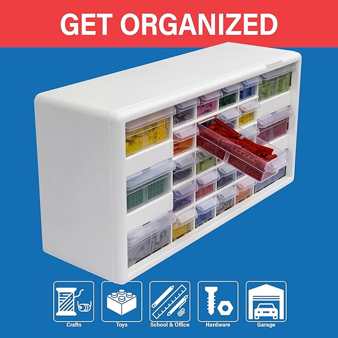 Akro-Mils 26-Drawer Plastic Storage Cabinet, 20" W x 6" D x 10" H, White | Plastic Cabinet w/ Drawers for Garage Organization, Beads, Building Bricks Storage, Teacher Toolbox, Makeup Organizer, 10126