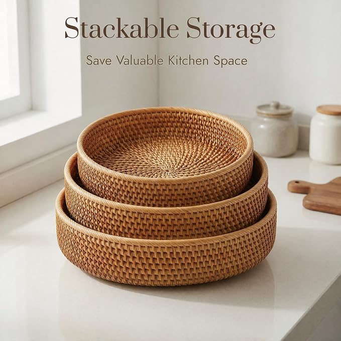YANGQIHOME Fruit Basket, Wicker Basket Rattan Fruit Bowls, Round Bread Baskets, Handwoven Storage Basket, Natural Serving Bowls Kitchen Counter Dining Room Snack Vegetable 7.9”, 9”, 10.2” (Set of 3)