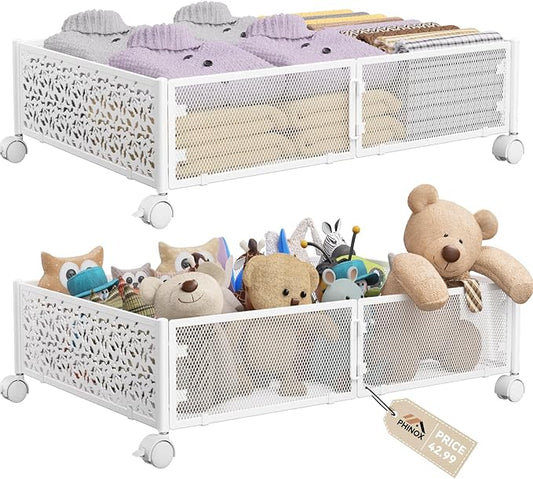 PHINOX Under Bed Storage Container with Wheels,Patterned,Metal,2 Pack,White | Tool-free assembly, glide smoothly, easy reach, foldable, maxmazie low-profile beds, dorm, keep seasonal clothes, shoes fresh