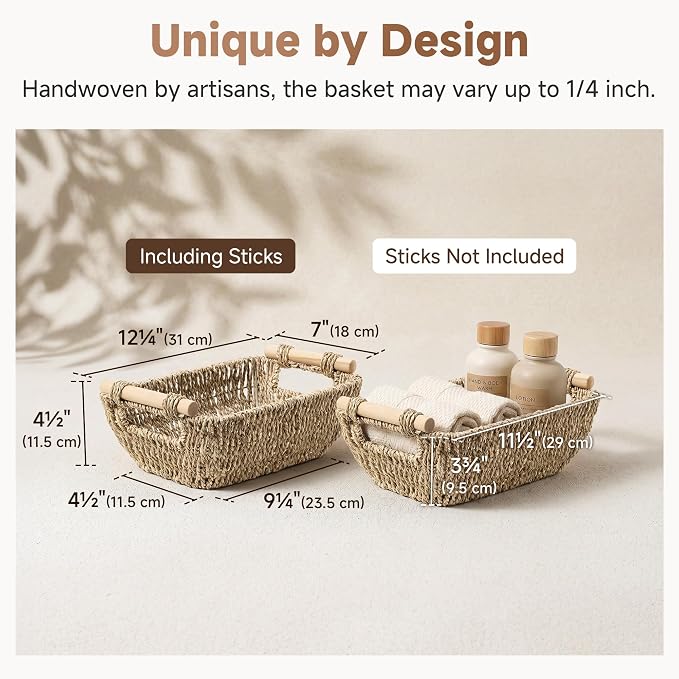 StorageWorks Small Baskets for Shelf, Seagrass Woven Basket with Wooden Handles for Gifts, 2-Pack