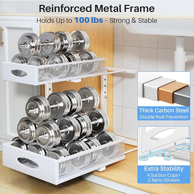 Under Sink Organizer, 2 Pack 2 Tier Pull Out Under Cabinet Organizer Shelf with Pad for Framed Cabinets, Metal Slide Out Under Sink Storage, Mesh Sliding Drawers for Kitchen Bathroom Laundry, White