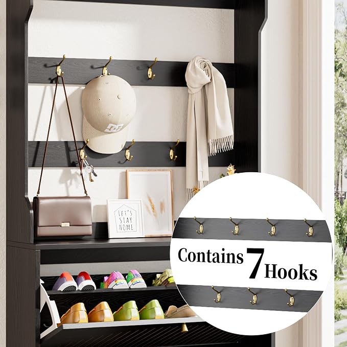 Fsbecl Shoe Cabinet for Entryway with 2 Flip Drawers & Coat Rack, Narrow Hidden Shoe Storage Cabinet with Fluted Panel, 2-in-1 Hall Tree Slim Freestanding Shoe Rack Organizer for Hallway